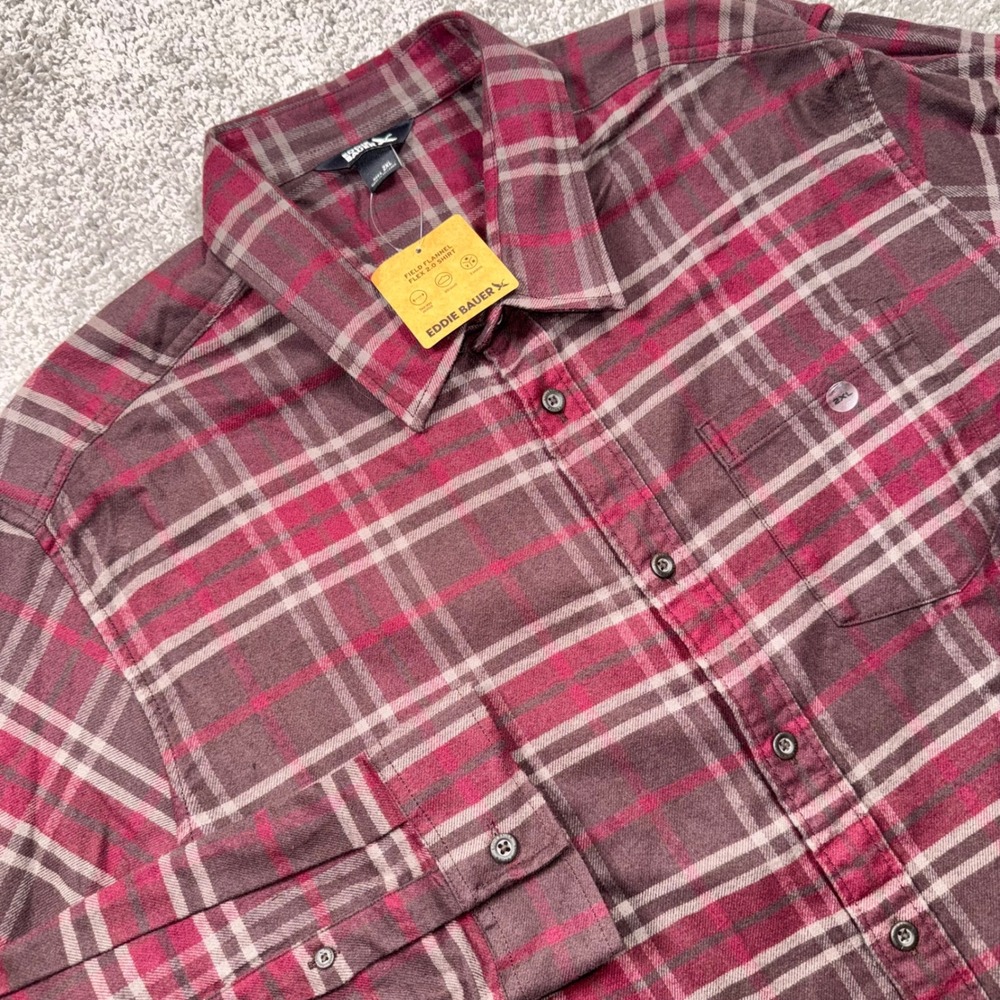 Eddie Bauer Field Flannel Flex 2.0 Mens Stretch Plaid Shirt Loganberry 2XL NEW